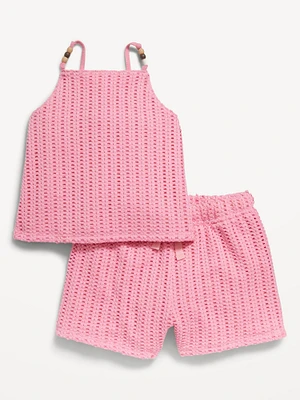 Crochet-Knit Beaded Tank Top and Shorts Set for Toddler Girls