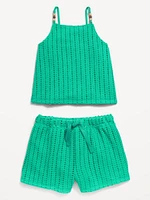 Crochet-Knit Beaded Tank Top and Shorts Set for Toddler Girls