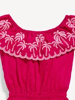 Ruffled-Trim Embroidered Romper for Toddler Girls