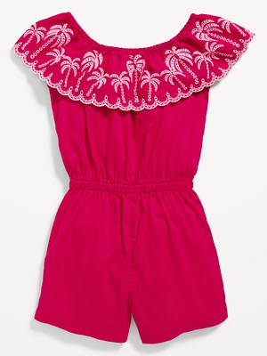 Ruffled-Trim Embroidered Romper for Toddler Girls