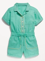 Short-Sleeve Linen-Blend Romper for Toddler Girls