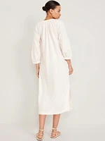 Split-Neck Linen-Blend Midi Dress