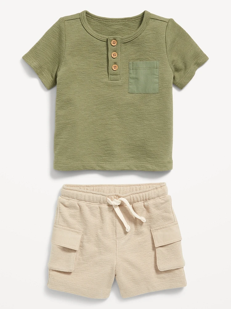 Textured Henley Pocket T-Shirt and Shorts Set for Baby