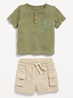 Textured Henley Pocket T-Shirt and Shorts Set for Baby