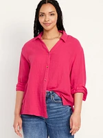 Crinkle Gauze Button-Down Boyfriend Shirt