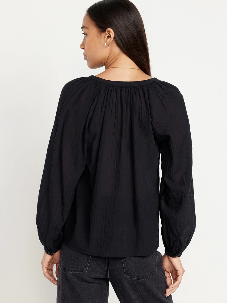 Split-Neck Crinkle Gauze Top