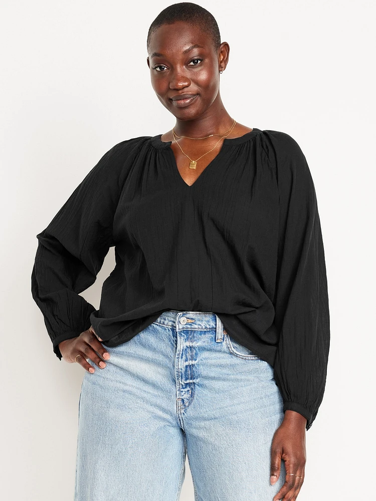 Split-Neck Crinkle Gauze Top