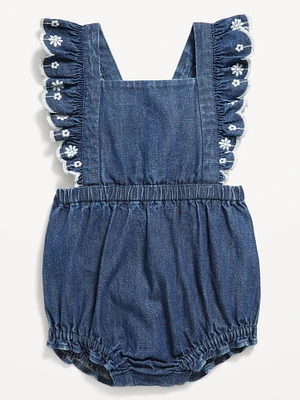 Ruffled Cross-Back Jean One-Piece Romper for Baby