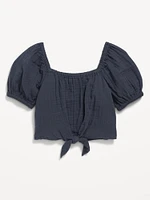 Puff-Sleeve Double-Weave Tie-Knot Top for Girls