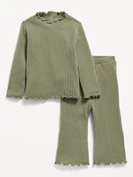 Plush Ribbed Long-Sleeve Top and Flare Pants Set for Baby