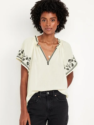 Embroidered Split-Neck Top