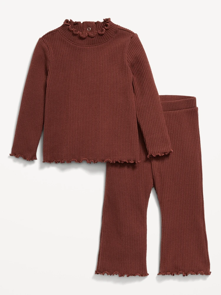 Plush Ribbed Long-Sleeve Top and Flare Pants Set for Baby