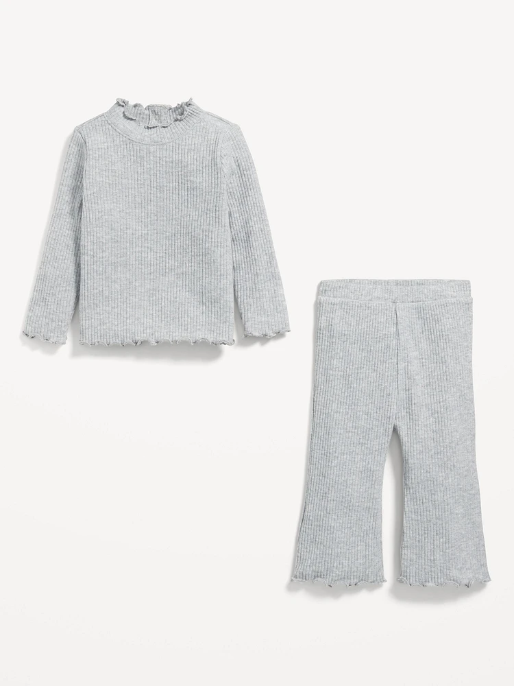 Long-Sleeve Plush Ribbed Top and Flare Pants Set for Baby