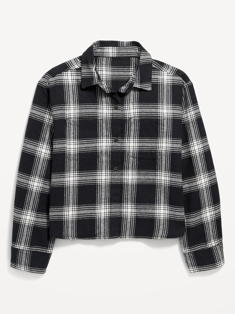 Cropped Long-Sleeve Plaid Pocket Flannel Shirt for Girls
