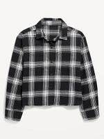 Cropped Long-Sleeve Plaid Pocket Flannel Shirt for Girls