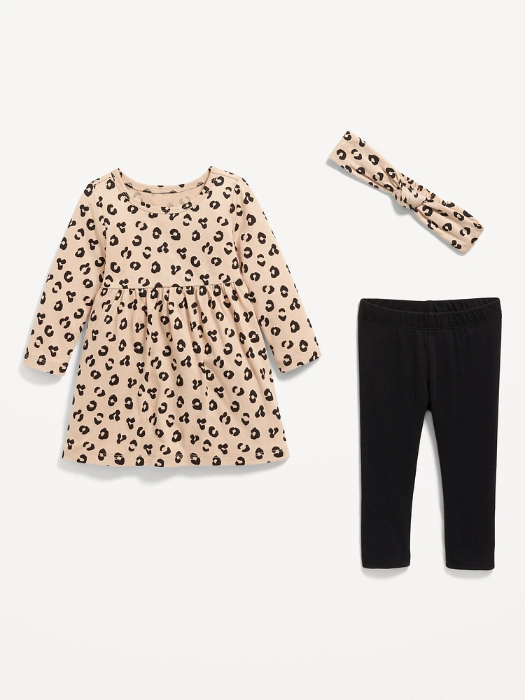 Printed Long-Sleeve Dress, Leggings, and Headband Set for Baby