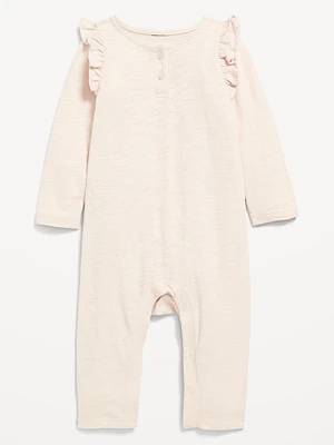 Long-Sleeve Ruffle-Trim Henley Jumpsuit for Baby