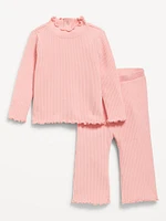 Long-Sleeve Plush Ribbed Top and Flare Pants Set for Baby