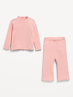 Long-Sleeve Plush Ribbed Top and Flare Pants Set for Baby