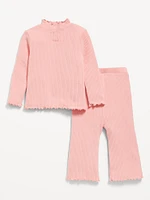 Long-Sleeve Plush Ribbed Top and Flare Pants Set for Baby