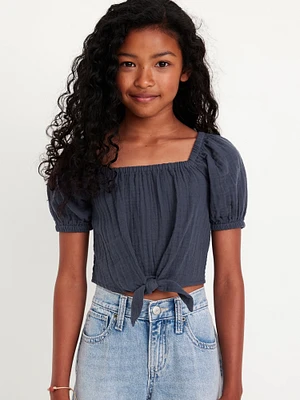 Puff-Sleeve Double-Weave Tie-Knot Top for Girls