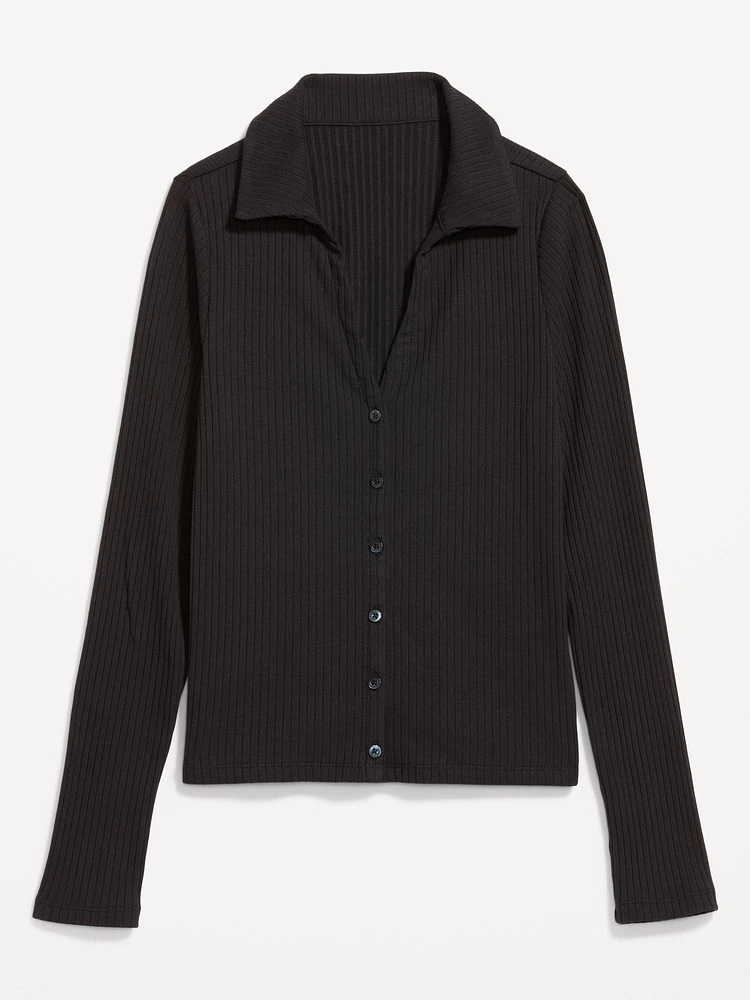 Slim Ribbed Button-Down Top
