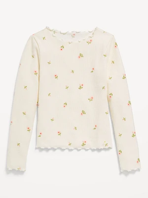 Plush Long-Sleeve Lettuce-Edge T-Shirt for Girls