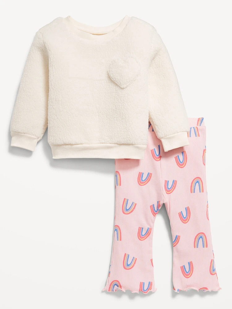 Sherpa Heart-Pocket Sweatshirt and Ribbed Leggings Set for Baby