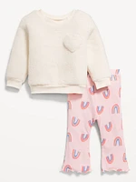 Sherpa Heart-Pocket Sweatshirt and Ribbed Leggings Set for Baby