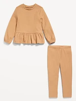 Cozy Long-Sleeve Ribbed Peplum Top and Leggings Set for Toddler Girls