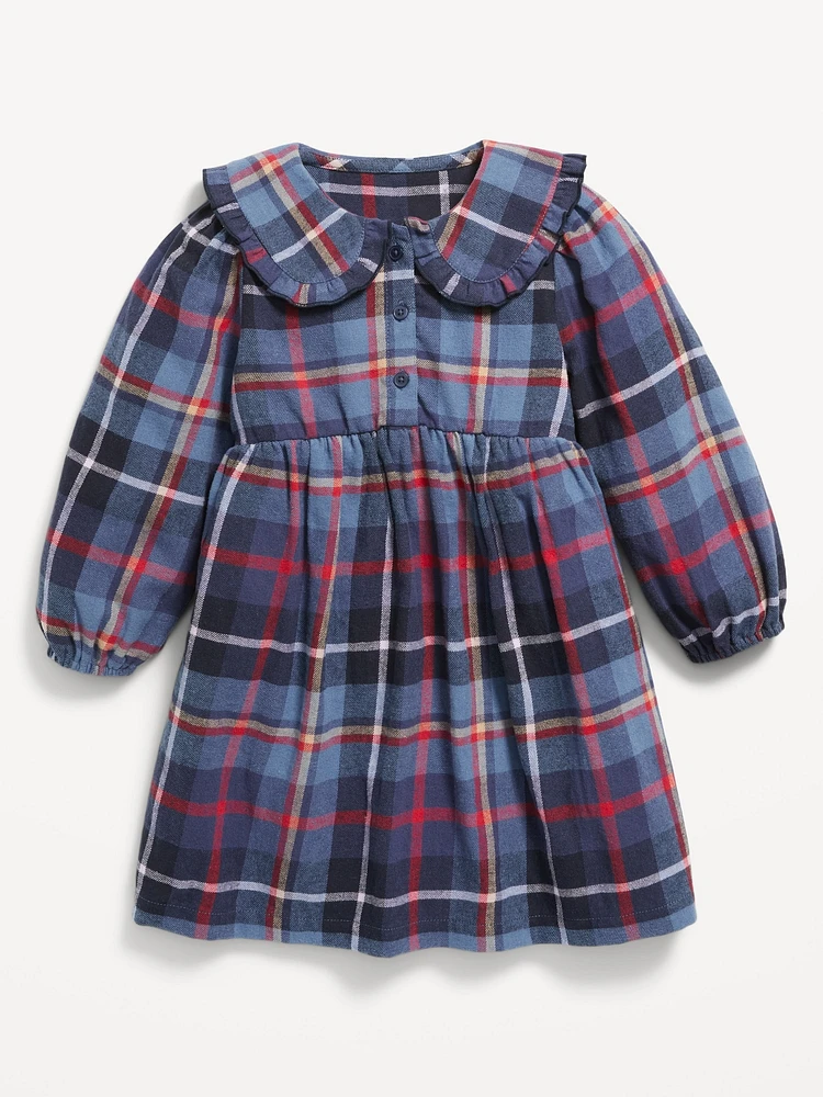 Long-Sleeve Flannel Collared Dress for Toddler Girls