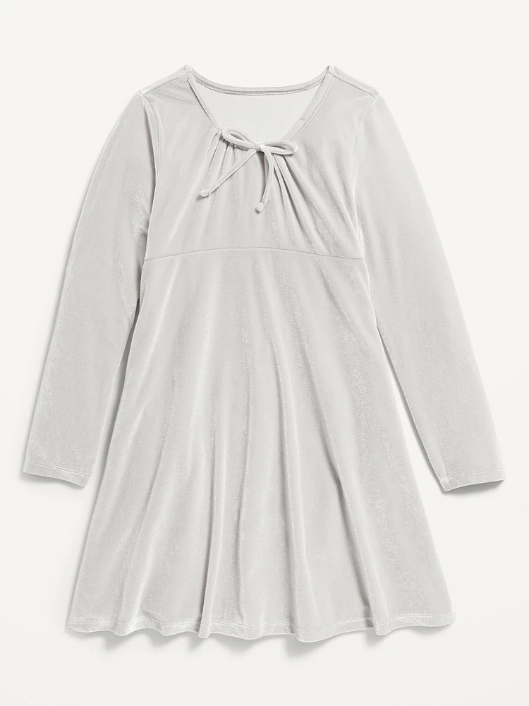 Long-Sleeve Tie-Neck Velvet Swing Dress for Girls