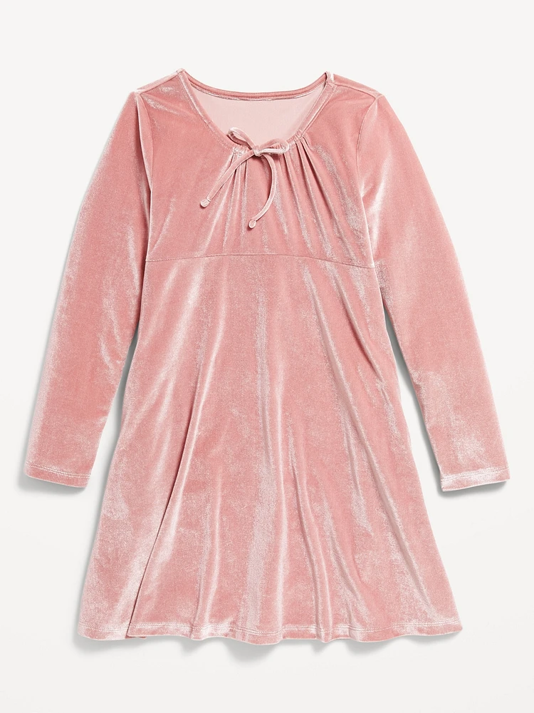 Long-Sleeve Tie-Neck Velvet Swing Dress for Girls