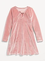 Long-Sleeve Tie-Neck Velvet Swing Dress for Girls