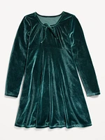 Long-Sleeve Tie-Neck Velvet Swing Dress for Girls