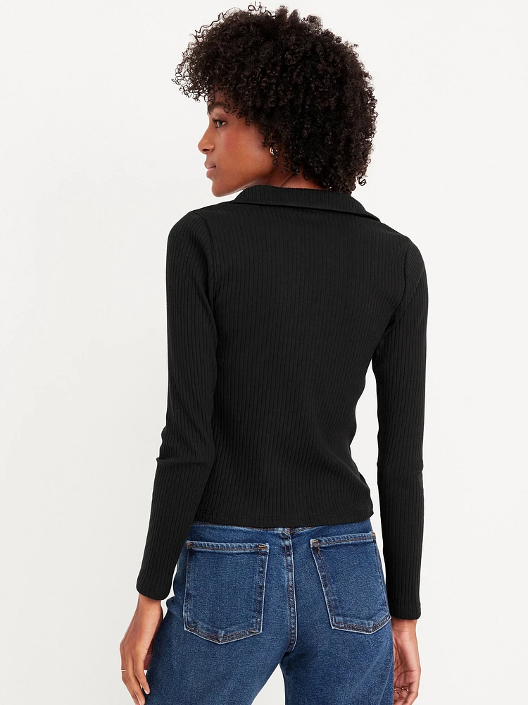 Slim Ribbed Button-Down Top