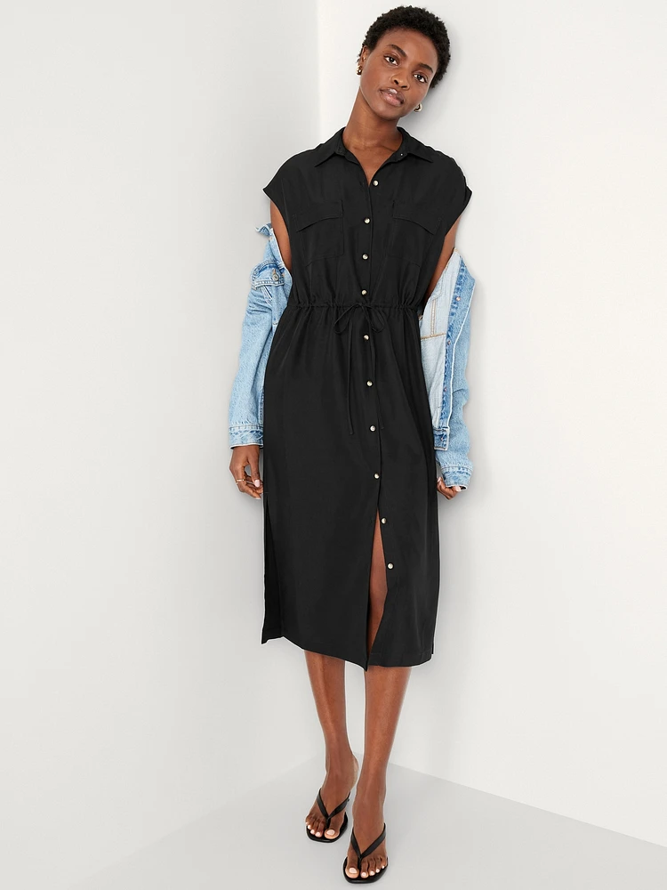 Waist-Defined Utility Midi Shirt Dress