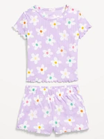 Printed Ribbed Pajama Top and Shorts Set for Girls