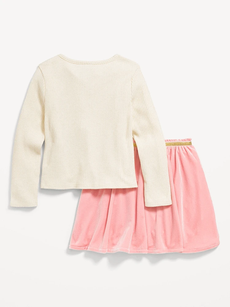 Long-Sleeve Ribbed Wrap-Front Top and Velvet Skirt Set for Toddler Girls