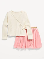 Long-Sleeve Ribbed Wrap-Front Top and Velvet Skirt Set for Toddler Girls