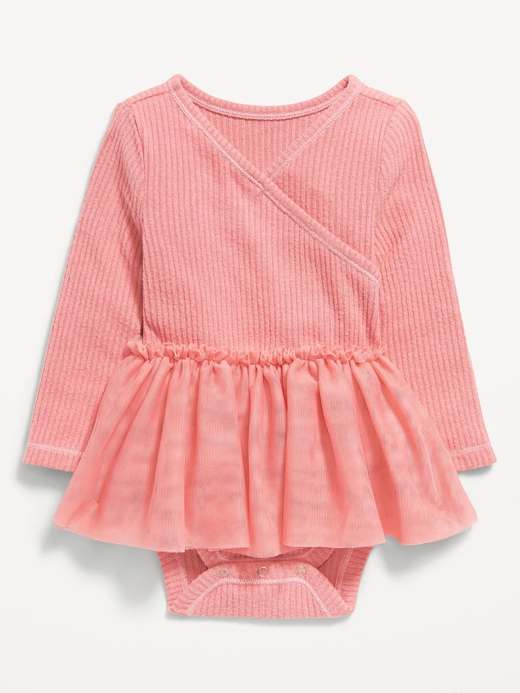 Long-Sleeve Wrap-Front Ribbed Bodysuit Tutu Dress for Baby