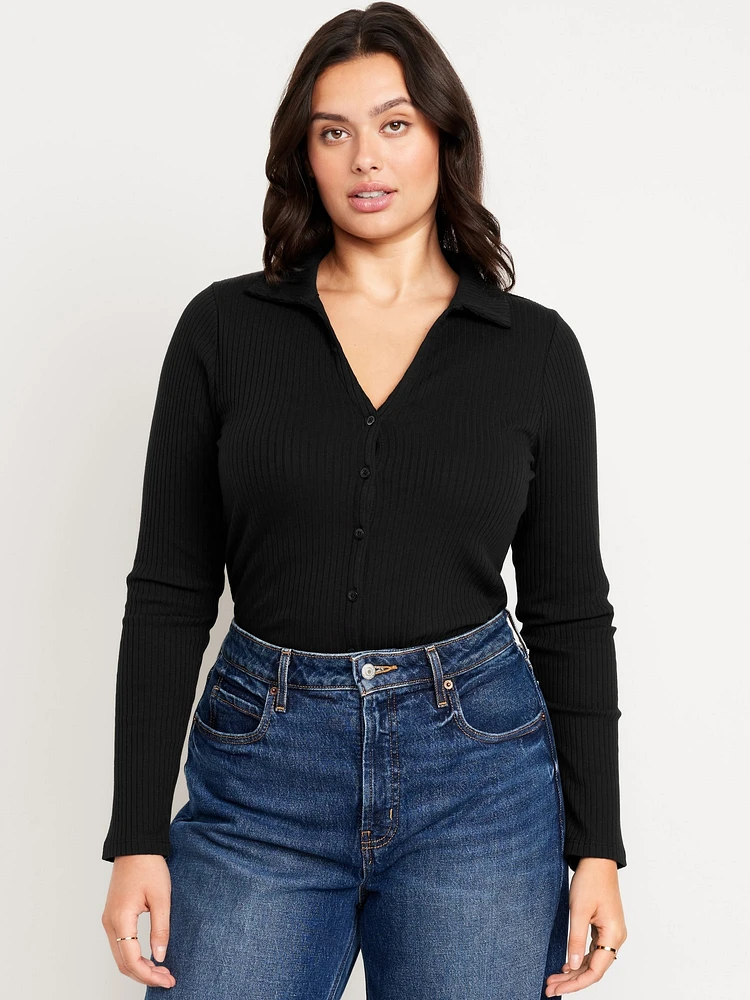 Slim Ribbed Button-Down Top