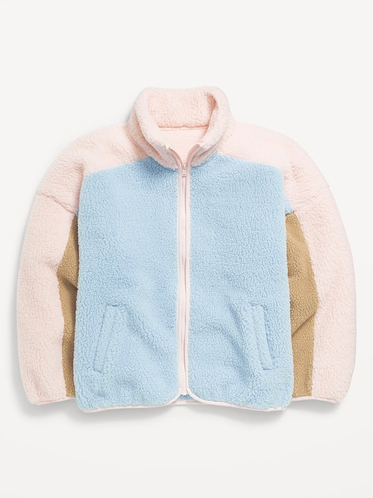 Oversized Color-Block Sherpa Zip Jacket for Girls