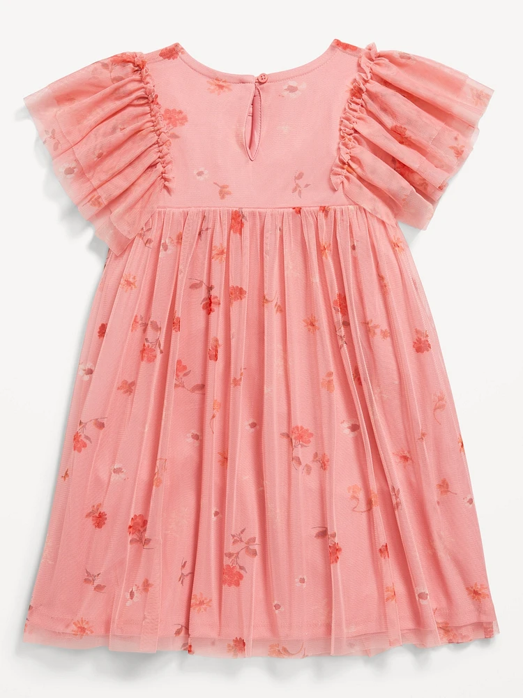 Flutter-Sleeve Printed Tulle Dress for Toddler Girls