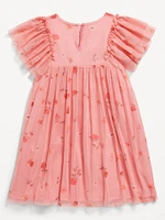 Flutter-Sleeve Printed Tulle Dress for Toddler Girls