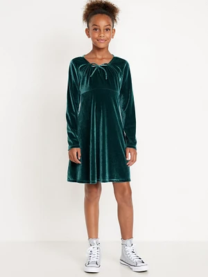 Long-Sleeve Tie-Neck Velvet Swing Dress for Girls