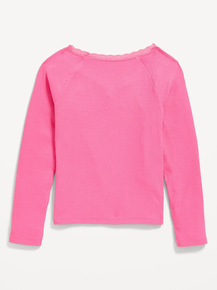 Long-Sleeve Ribbed Lace-Trim Top for Girls