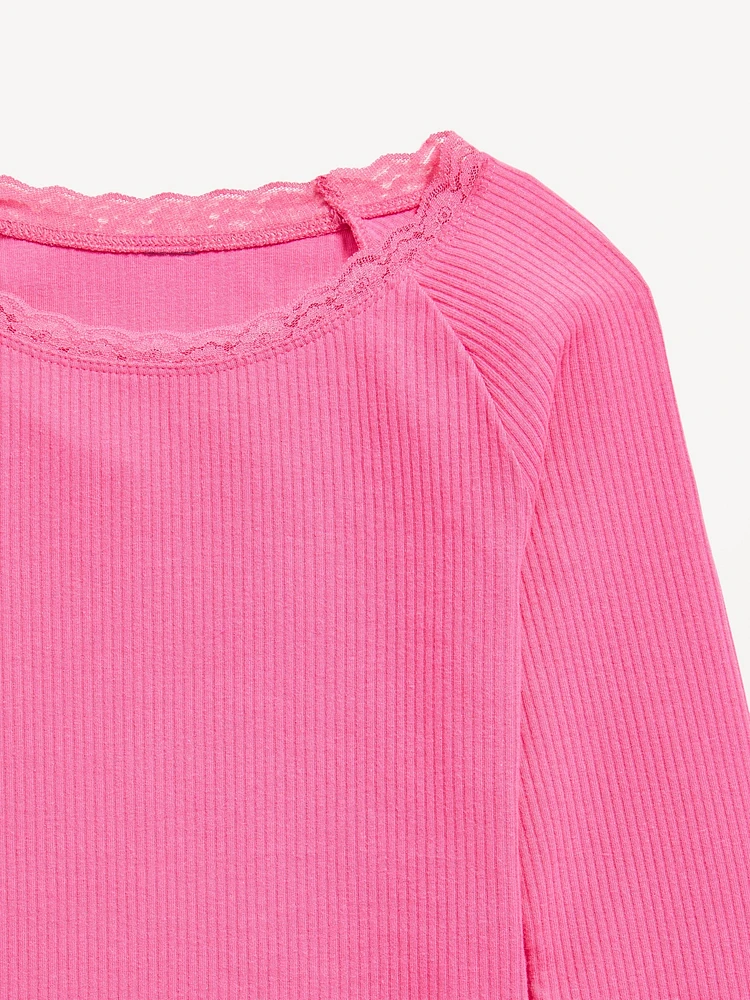 Long-Sleeve Ribbed Lace-Trim Top for Girls