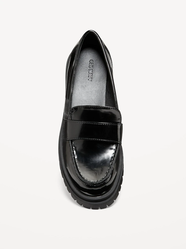 Faux-Leather Chunky Heel Loafers