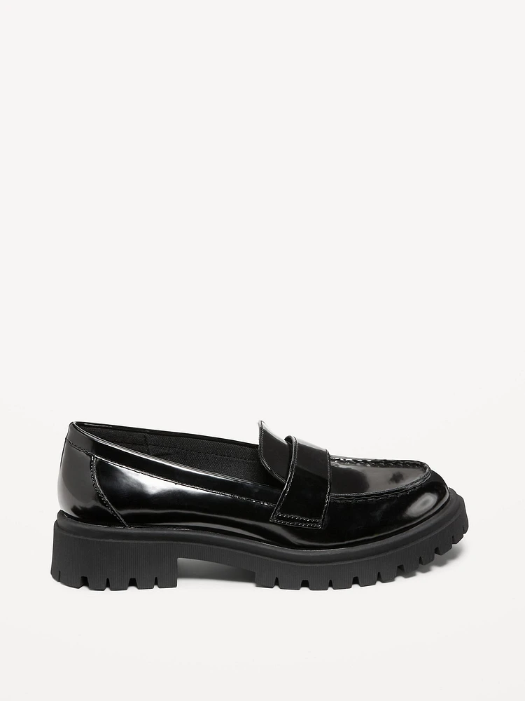 Faux-Leather Chunky Heel Loafers